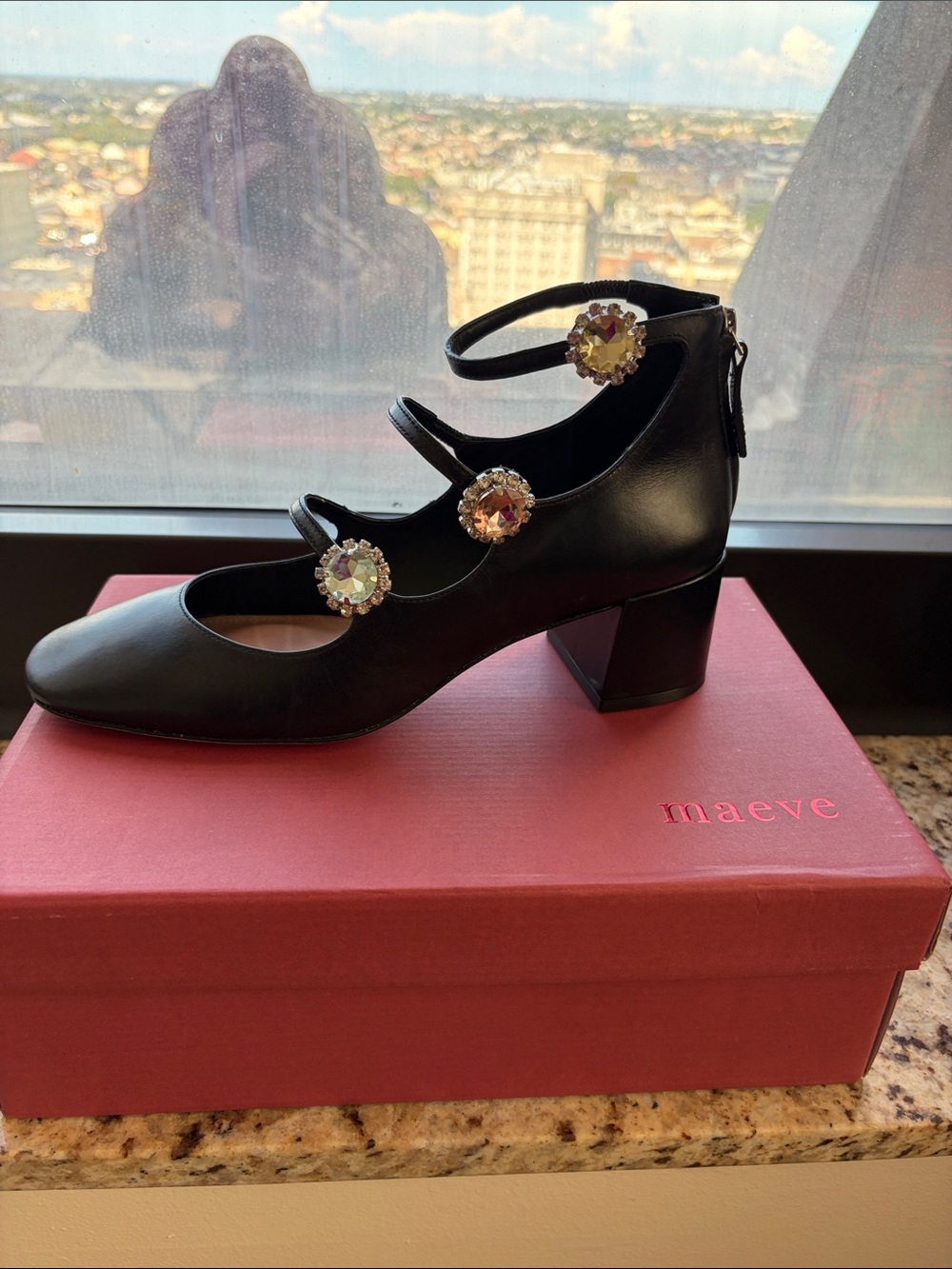 Maeve Black Mary Jane Block Heel with Jeweled Straps